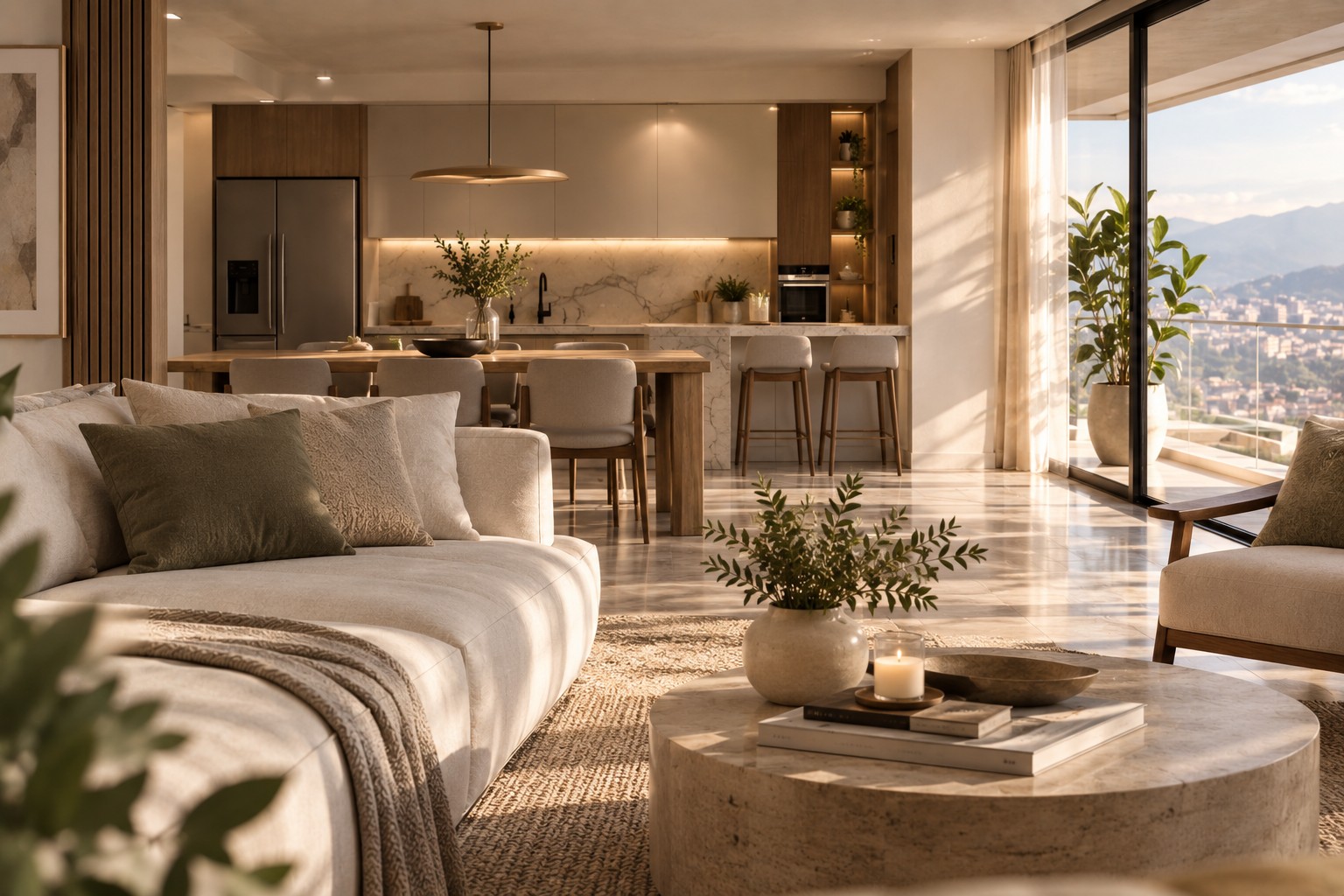 Sala y cocina integradas con vista panorámica, ambientación VIT HOME